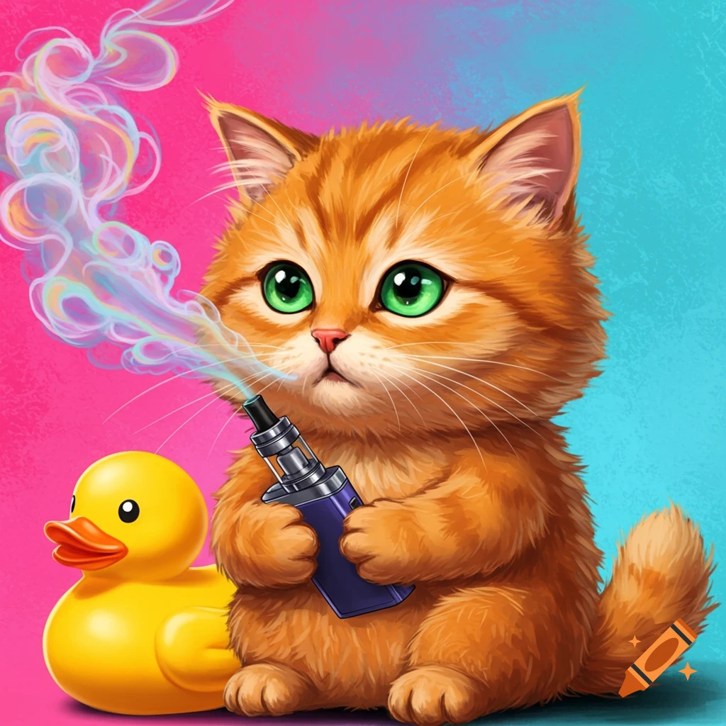 A cartoon orange cat is holding a vape pen next to a yellow rubber duck.