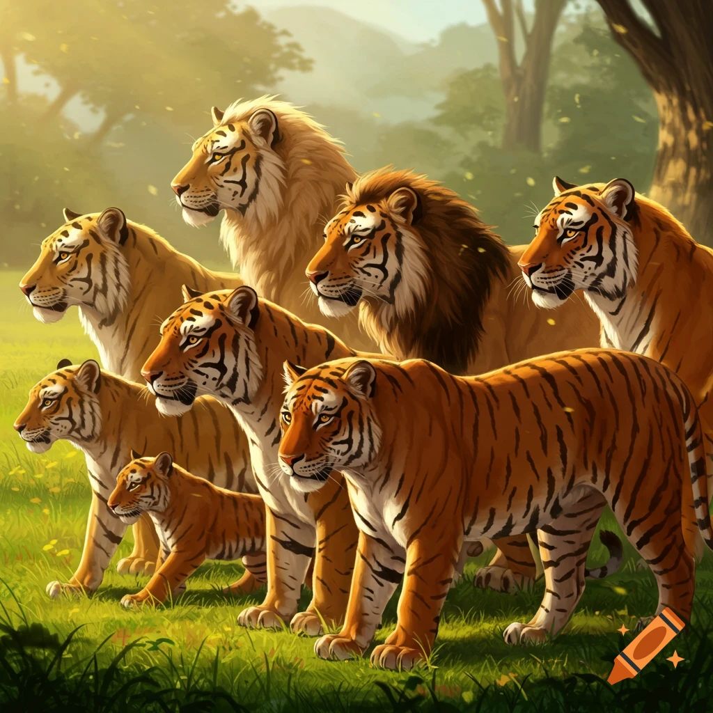 A group of tigers and big cats standing in a grassy forest clearing.