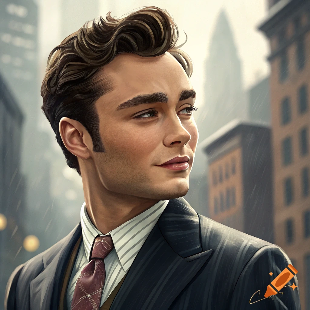 Digital art portrait of a man in a pinstripe suit and tie, looking right, with a city background.
