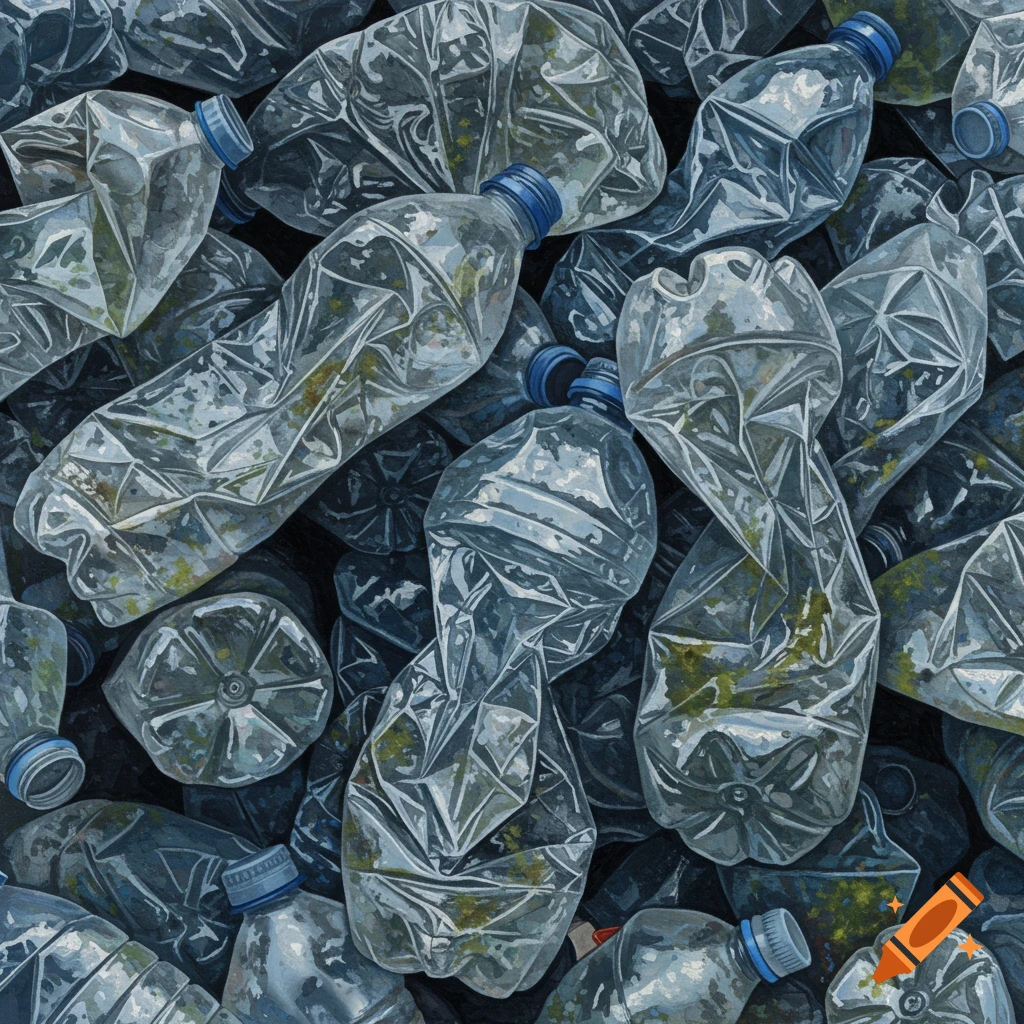 Close-up of a pile of crushed plastic water bottles.