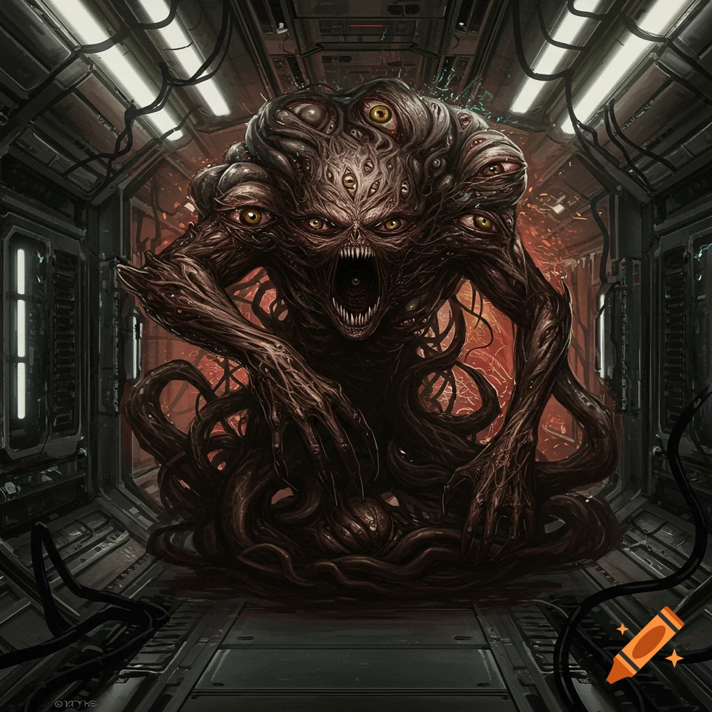 A monstrous creature with many eyes and tentacles stands in a dark spaceship corridor.