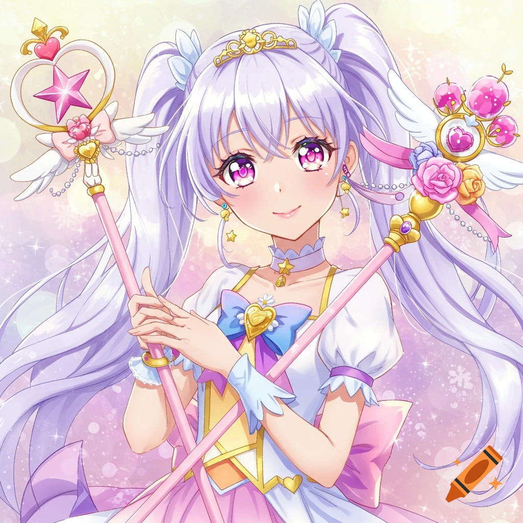 Anime girl with long purple hair holding two magical staffs, smiling.