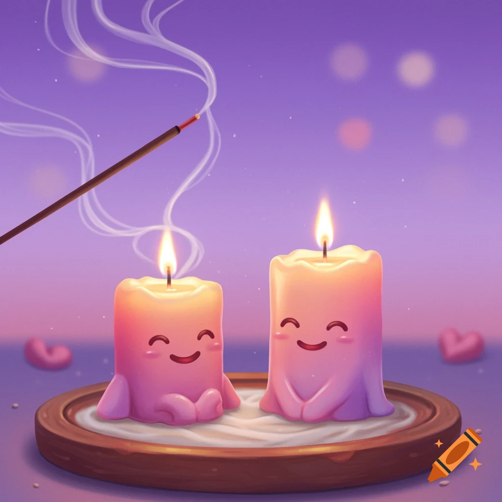 Digital illustration of two cute, smiling candles on a plate with burning incense and smoke against a pastel background with hearts.