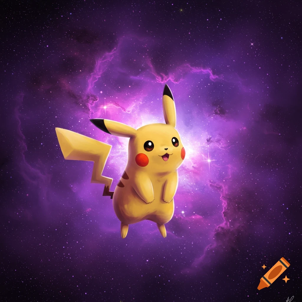 Pikachu floating in a purple nebula in space.
