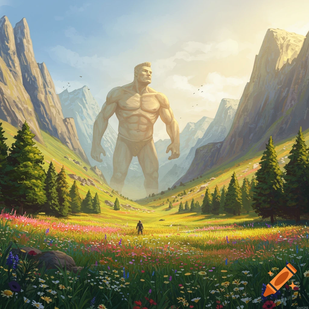 A giant figure stands in a flowery mountain valley, watched by a small person.