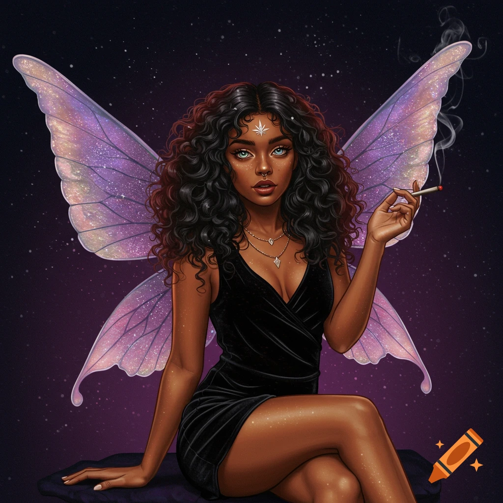 Illustration of a woman with dark skin, curly hair, and sparkling fairy wings wearing a black dress, sitting and smoking a cigarette against a starry sky.