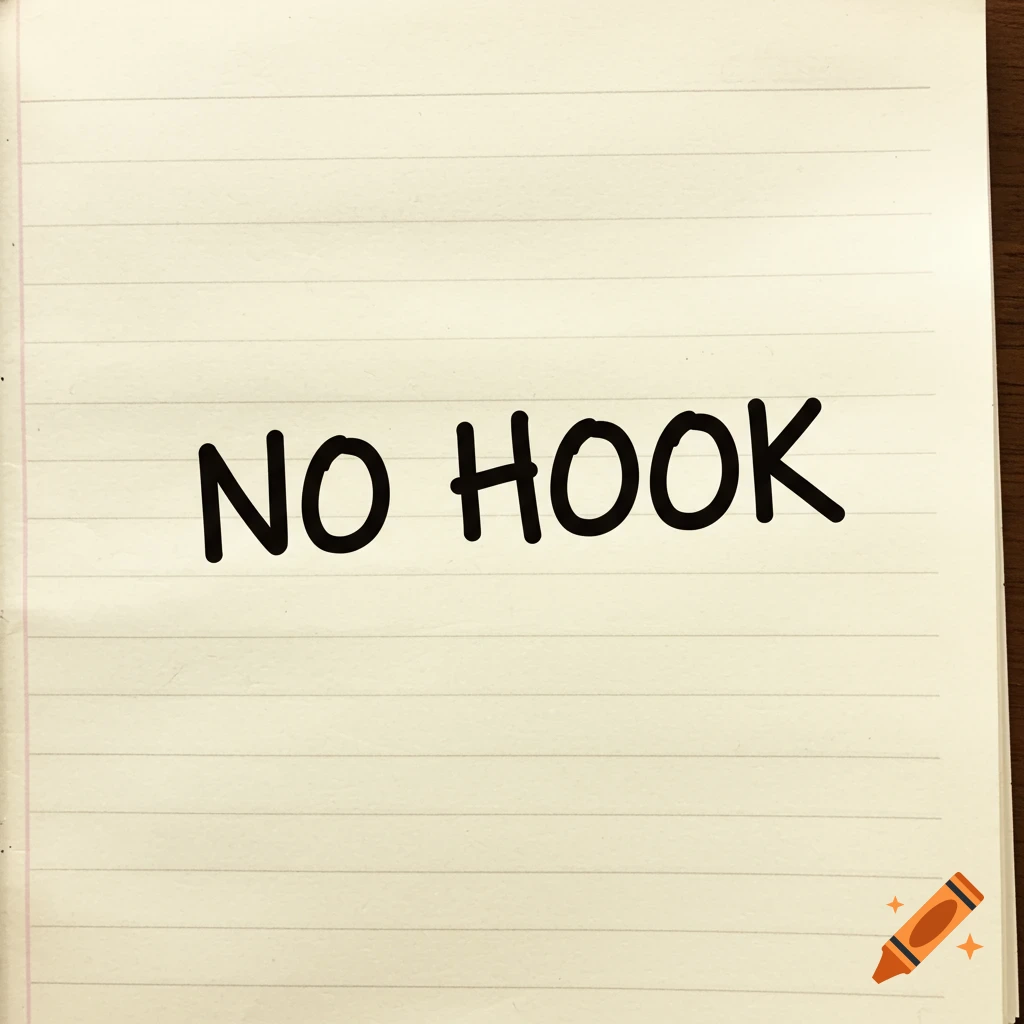 The words 'NO HOOK' written in black marker on a ruled notebook page.