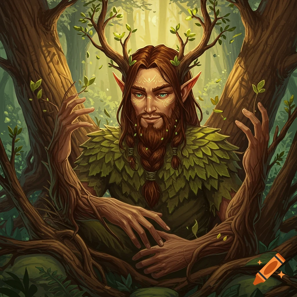 A male wood elf druid with tree arms and antlers in a forest.