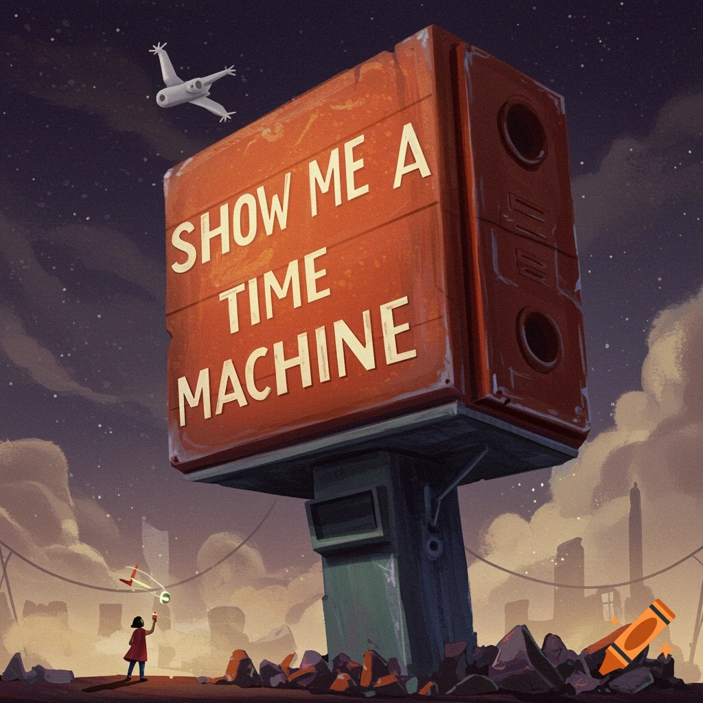 Futuristic time machine with determined man in front, theme of fixing ...