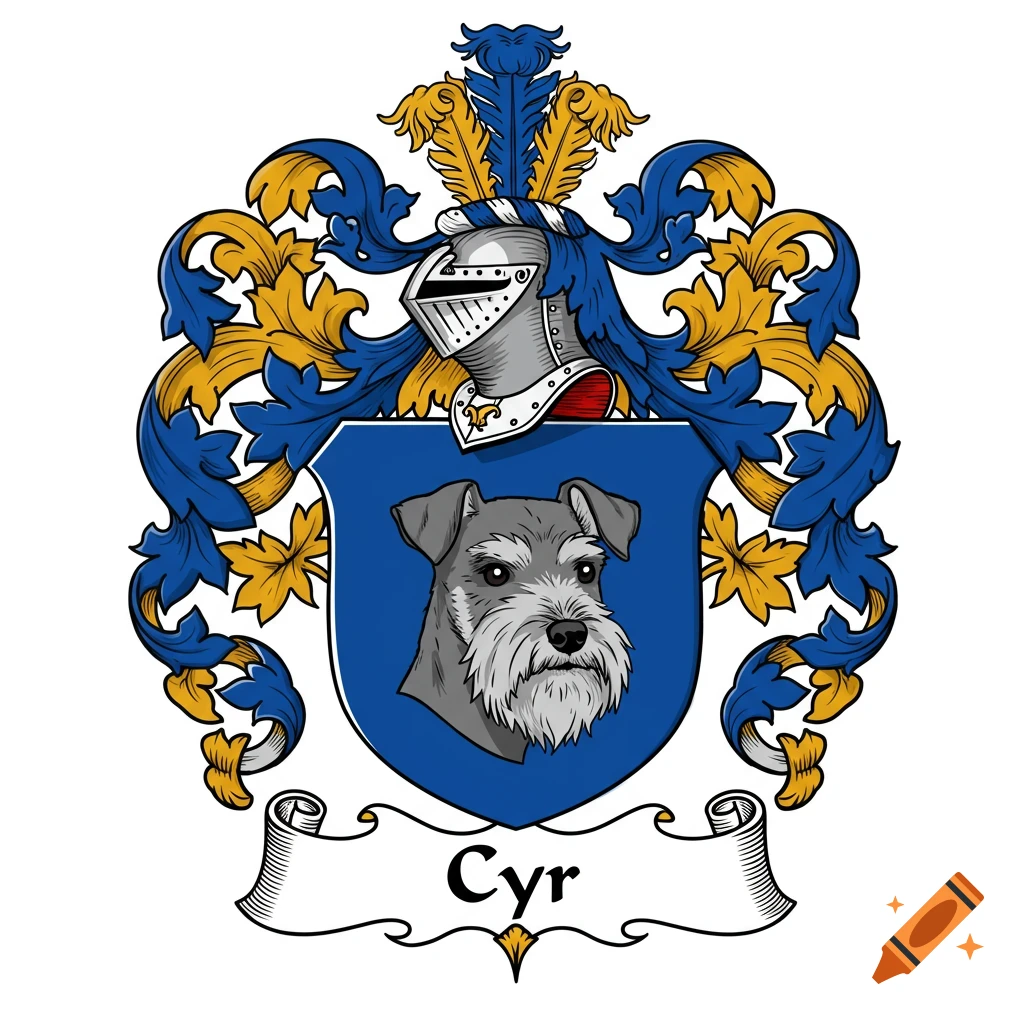 Coat of arms with a Schnauzer head on a blue shield and a banner reading Cyr.