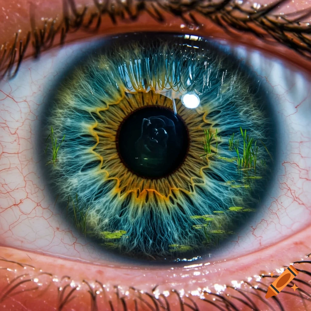 Close-up of a human eye with a swamp landscape inside the iris.
