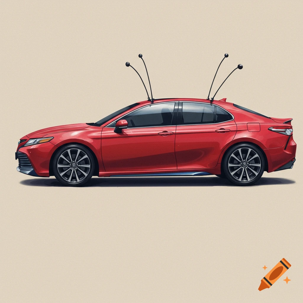 A red car with bug antennas