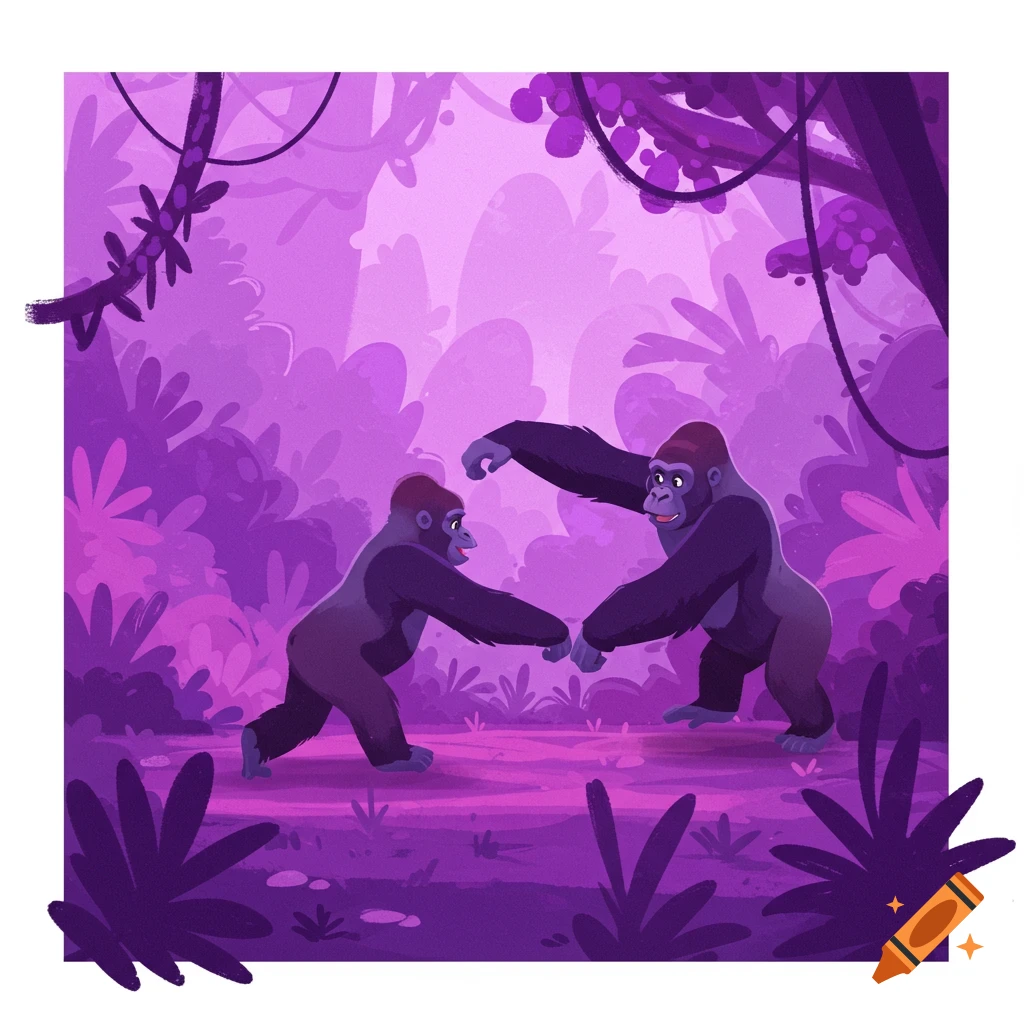 Two stylized gorillas interact in a vibrant purple jungle setting.