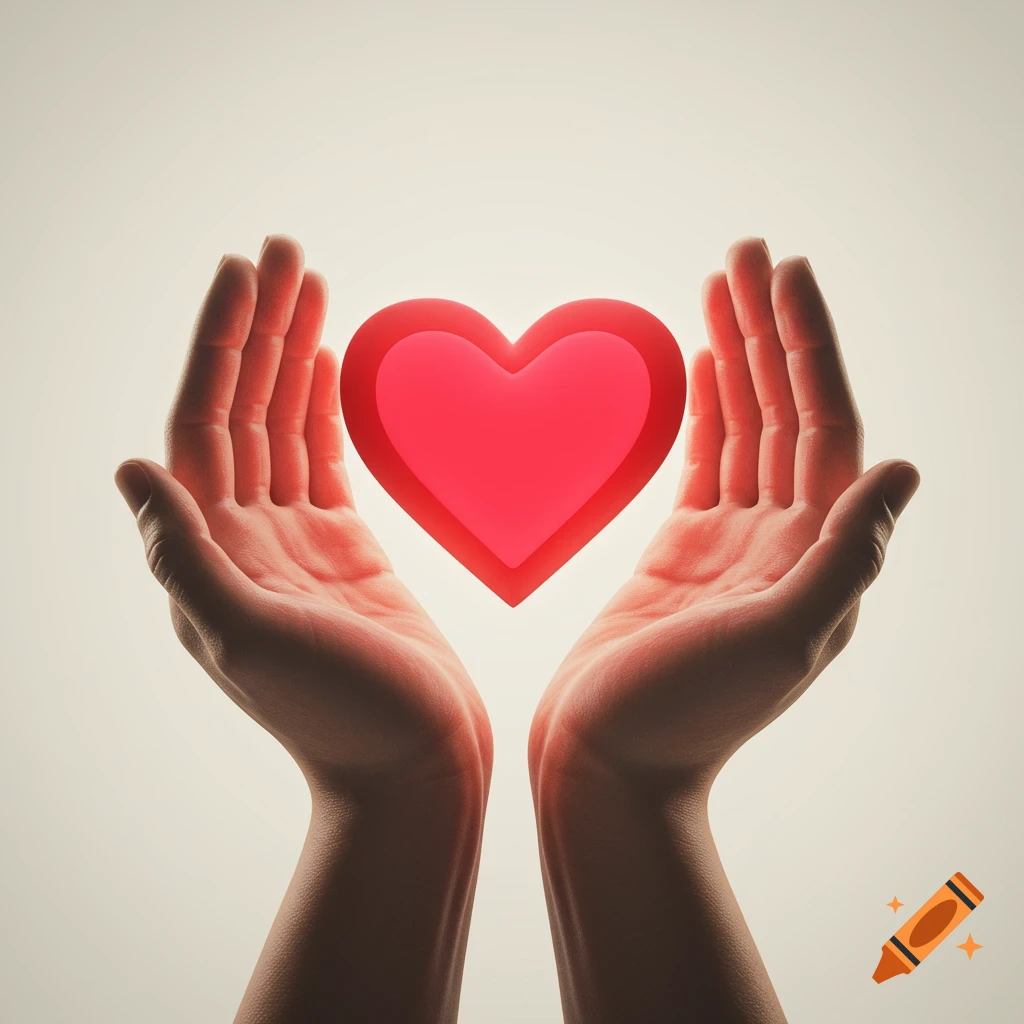 Hands holding a glowing red heart