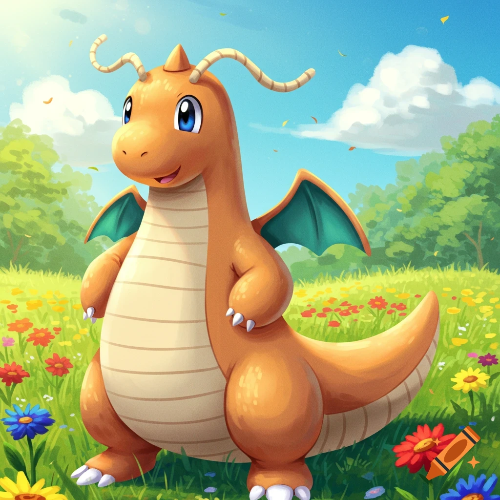 Dragonite stands in a field of flowers under a sunny sky.