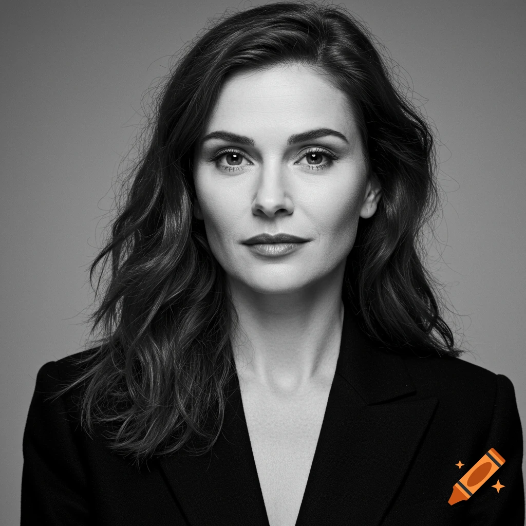 Black and white portrait of a woman in a black blazer.