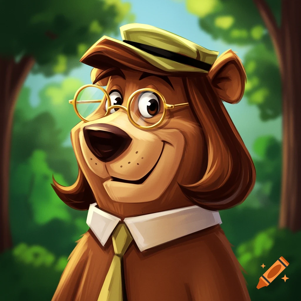 Cartoon bear wearing glasses and a hat in a forest