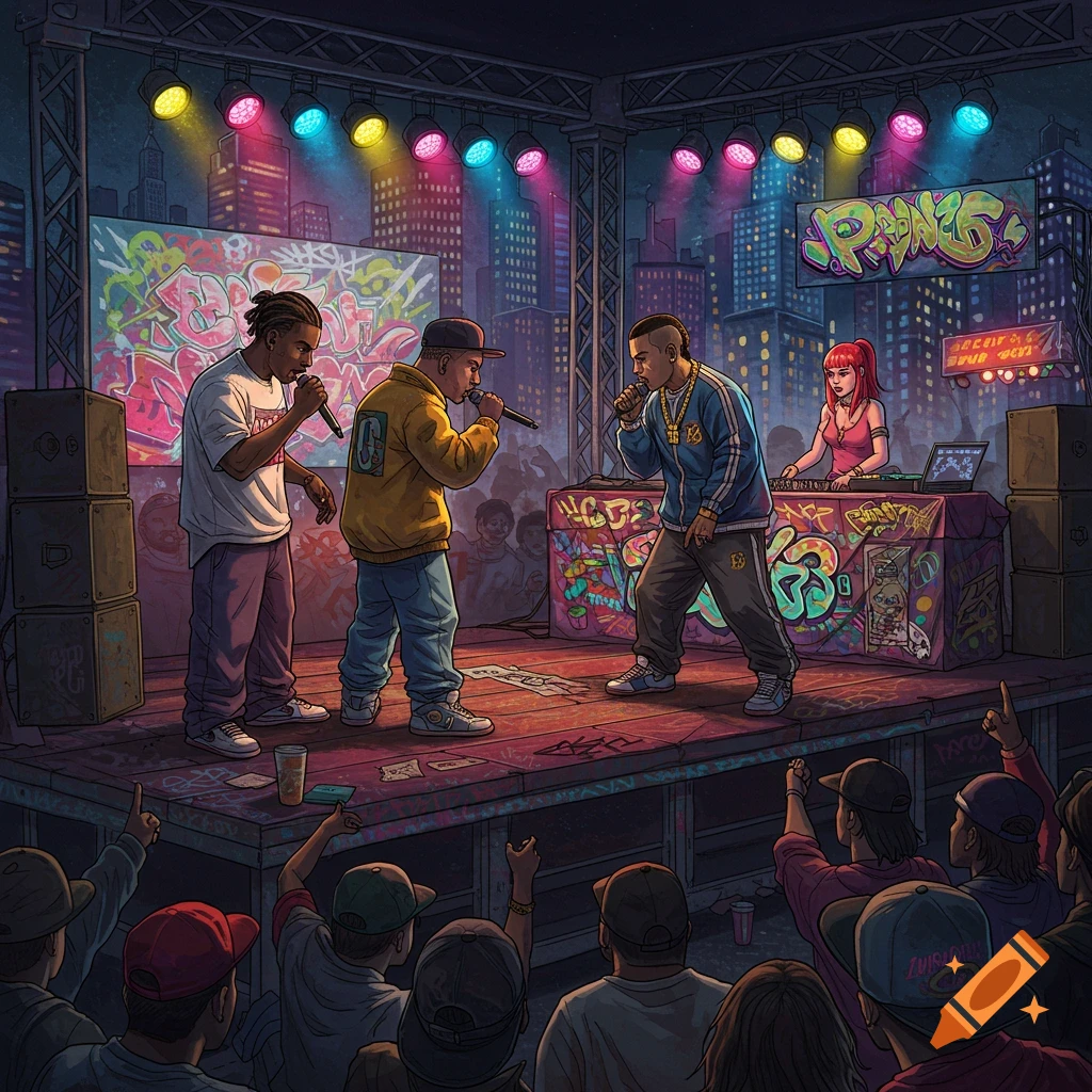 A 90s rap battle on a stage with performers, a DJ, and a crowd