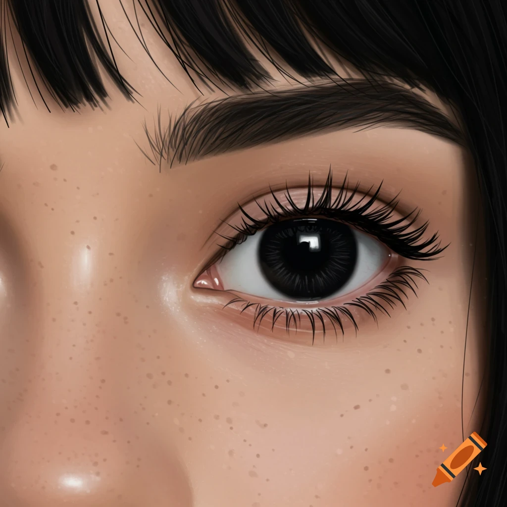 Close-up of a dark eye with long lashes and freckles.