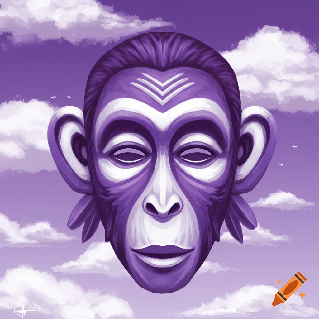 A purple and white monkey mask floating in a purple sky with clouds.