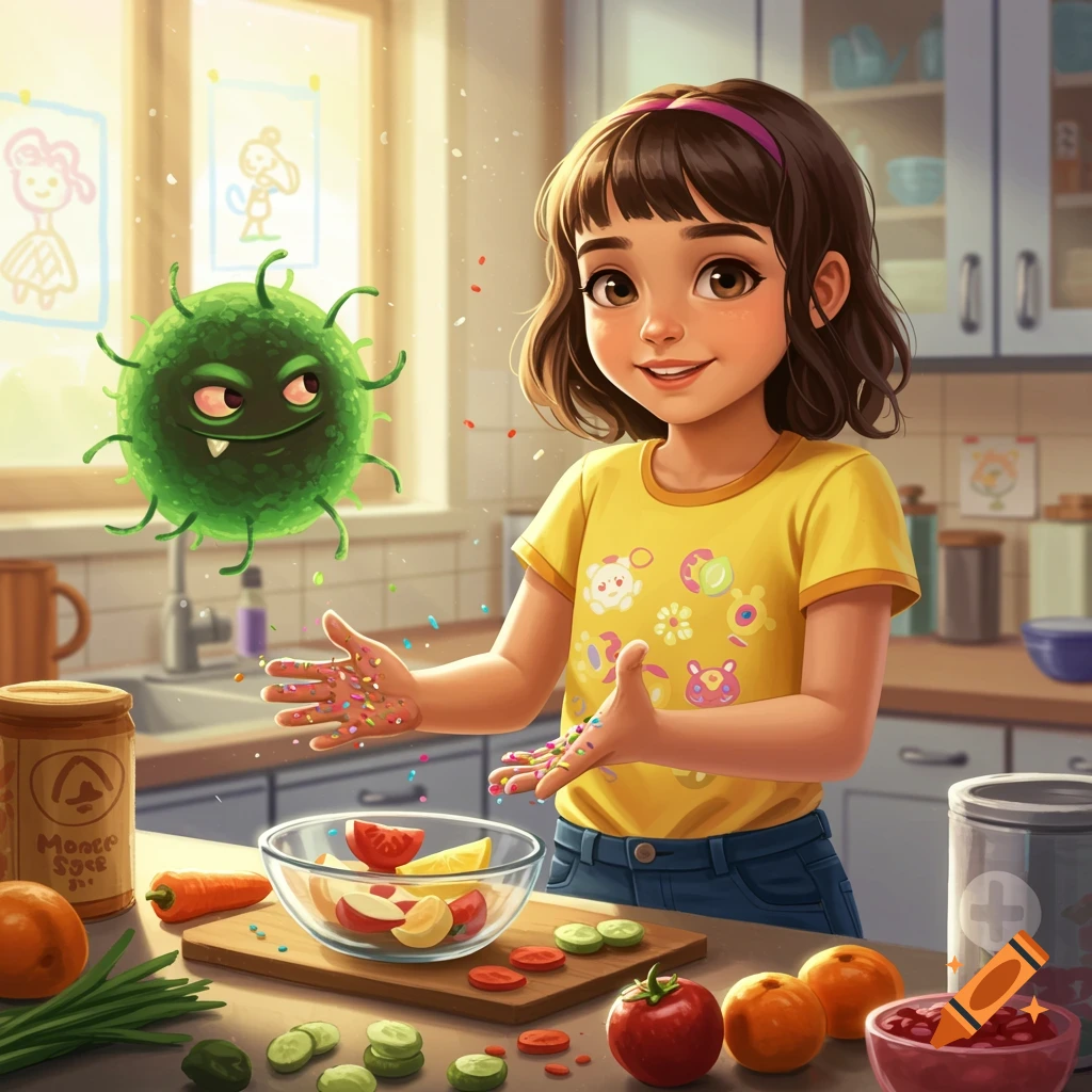 A girl in a kitchen prepares food while a cartoon germ floats nearby.
