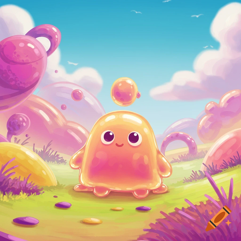A cute orange jelly creature stands in a vibrant, colorful fantasy landscape with bubbly shapes.