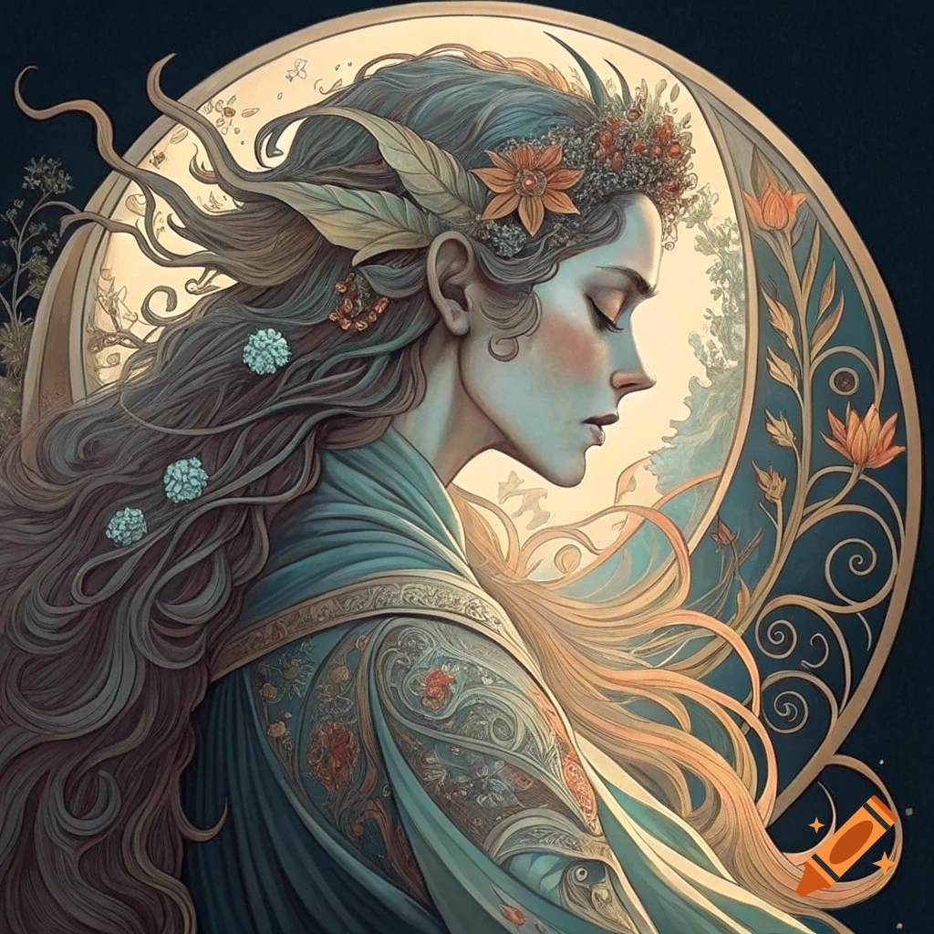 Art nouveau portrait of a woman with flowing hair, floral crown, and patterned clothing, against a nature-themed circular background.