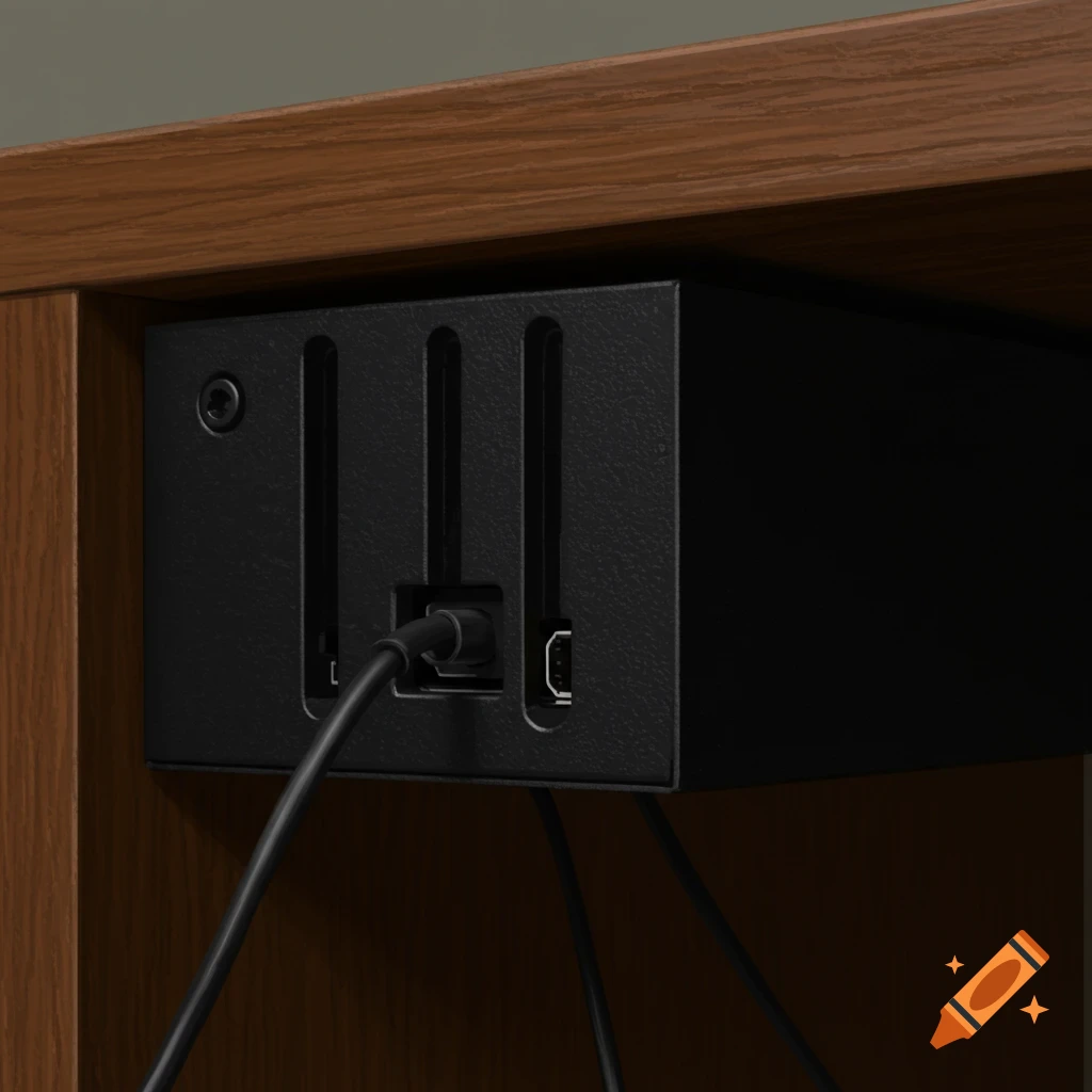 A black electronic box mounted under a wooden desk with a cable plugged in.