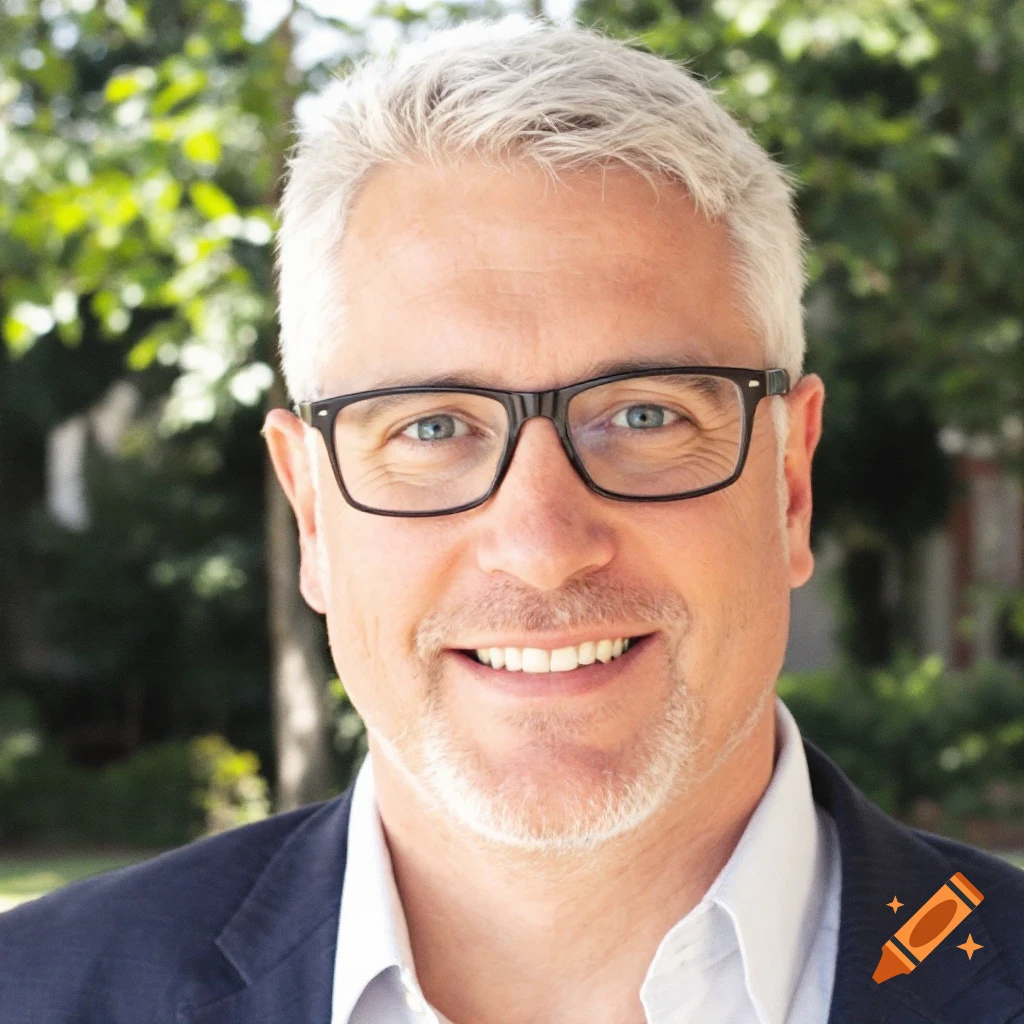 Close-up portrait of a smiling man with gray hair and glasses.