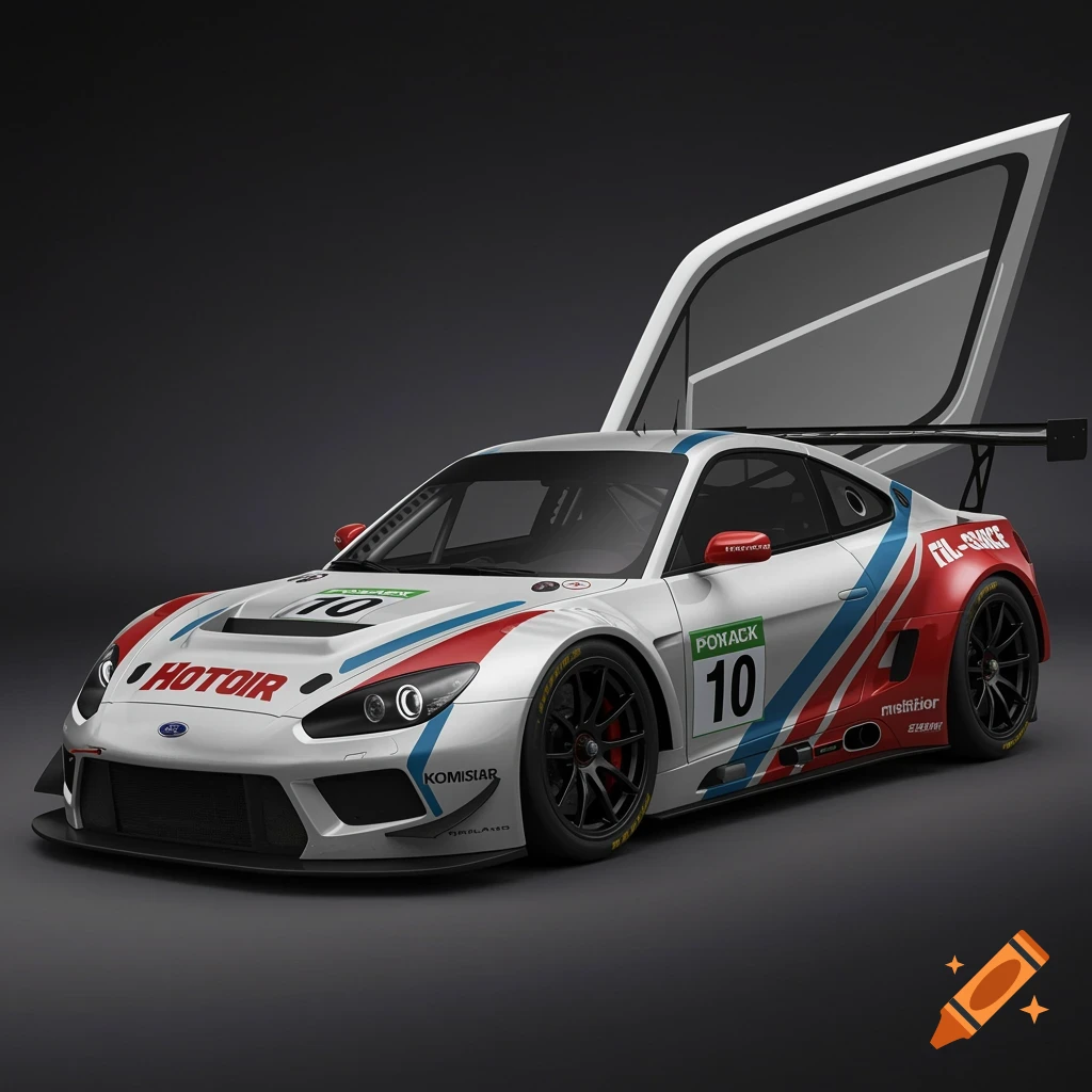 A white race car with red and blue stripes and the number 10, with one door open, on a dark background.
