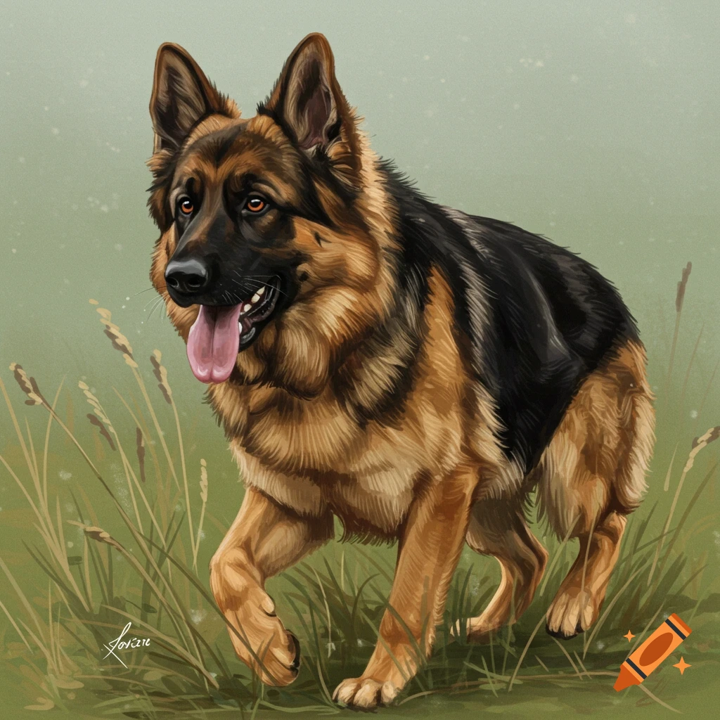 A German Shepherd walking through tall grass.