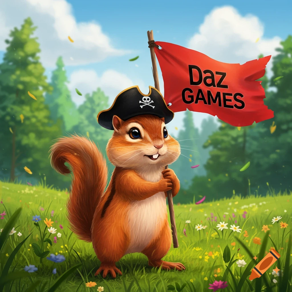 A cartoon chipmunk wearing a pirate hat holds a red flag that says 'Daz GAMES' in a grassy field.