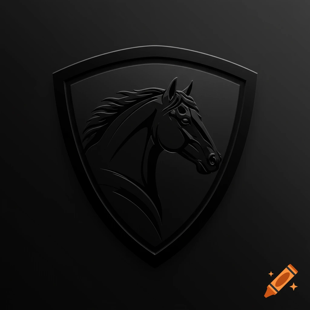 Black embossed logo of a horse head on a shield.