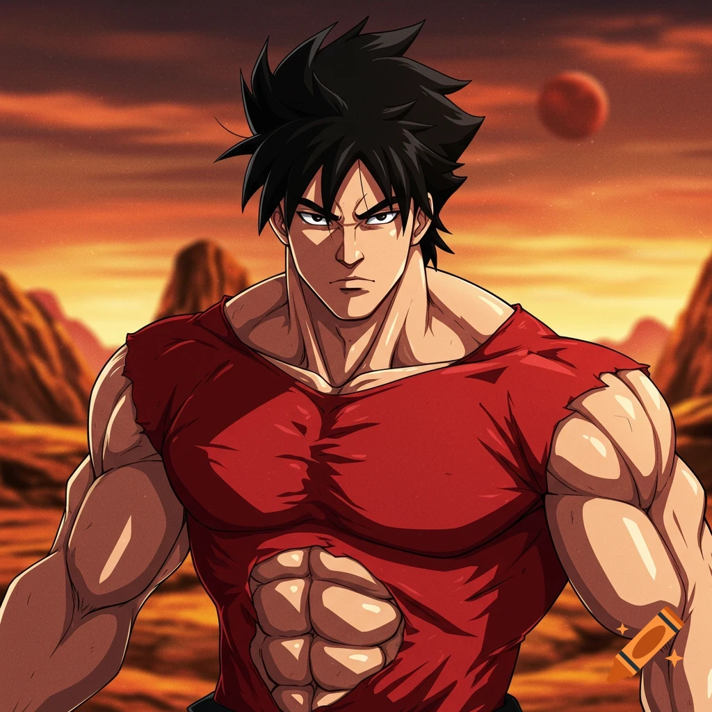 Anime character with black hair, torn red shirt showing abs, in a desert landscape under an orange sky with a red moon.