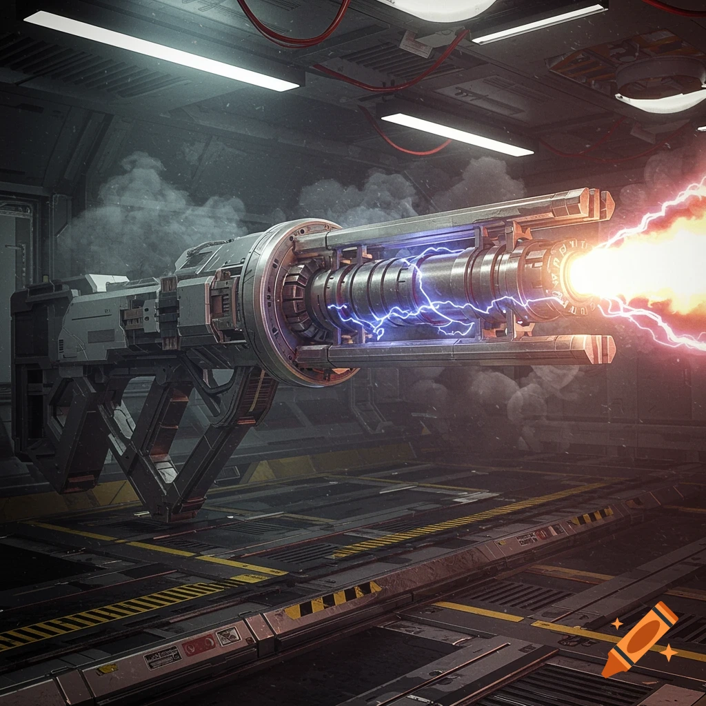 A hyperrealistic depiction of a futuristic railgun firing in an industrial sci-fi setting, with electricity and smoke.