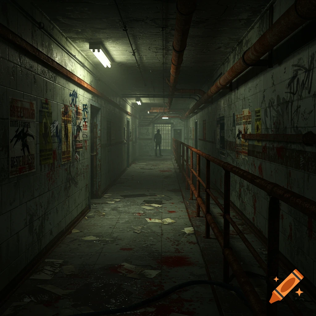 A dark, grimy prison hallway with posters, debris, bloodstains, and a silhouette of a person at the far end.