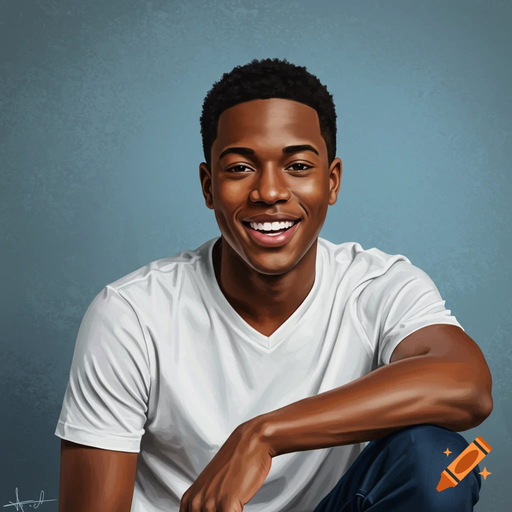 A young Black man is smiling and looking at the camera.