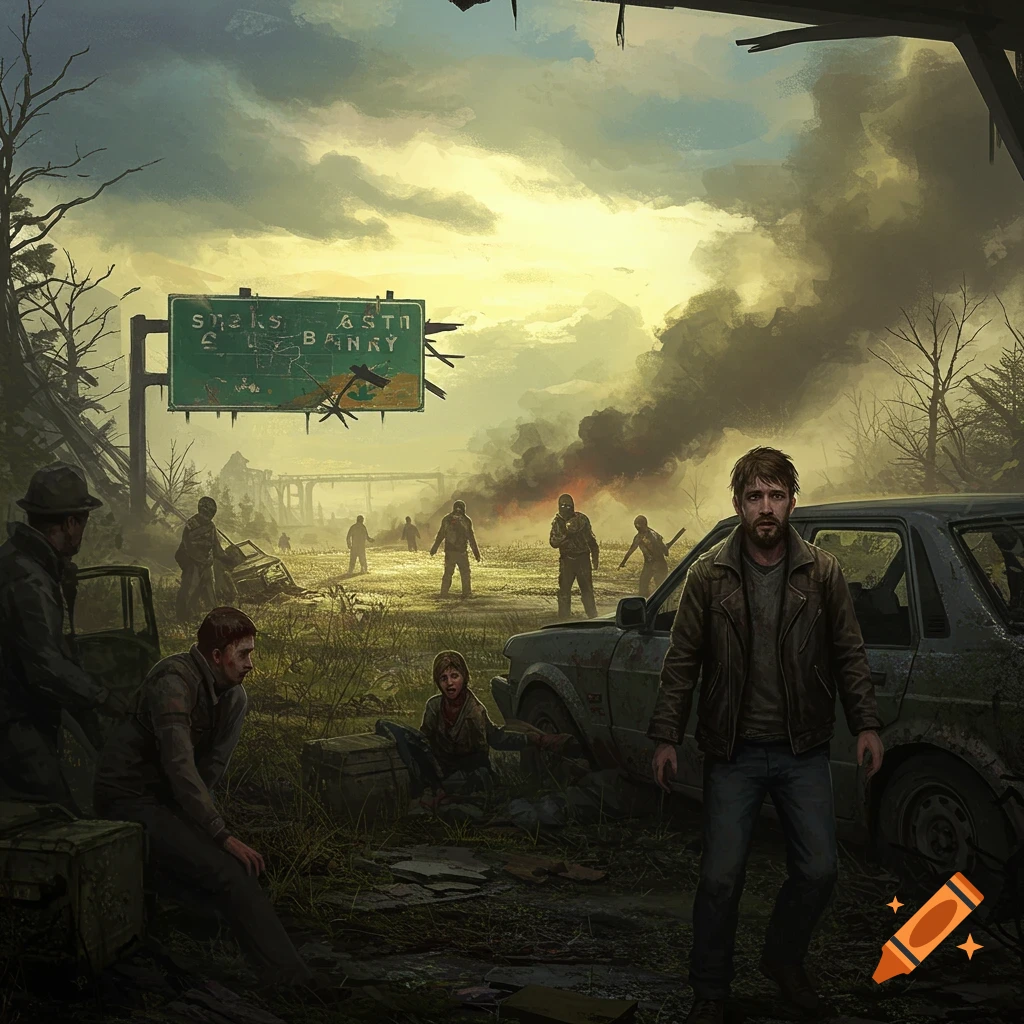 A post-apocalyptic roadside scene with figures, a wrecked car, and a damaged sign