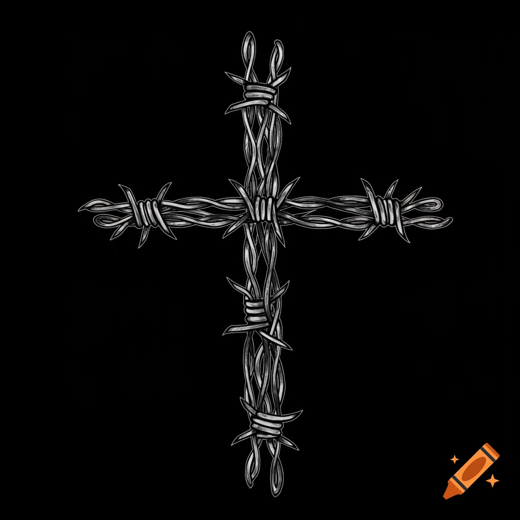 A cross made from barbed wire on a black background