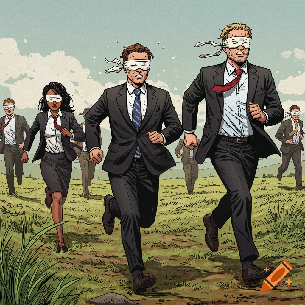 Blindfolded business people in suits running through a field.