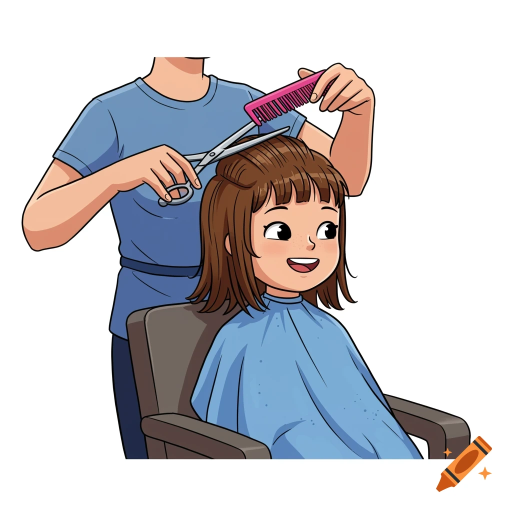 Cartoon illustration of a girl getting her hair cut by a stylist.