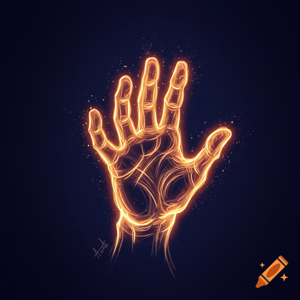 Stylized digital art of a hand outlined in glowing orange light on a dark background.