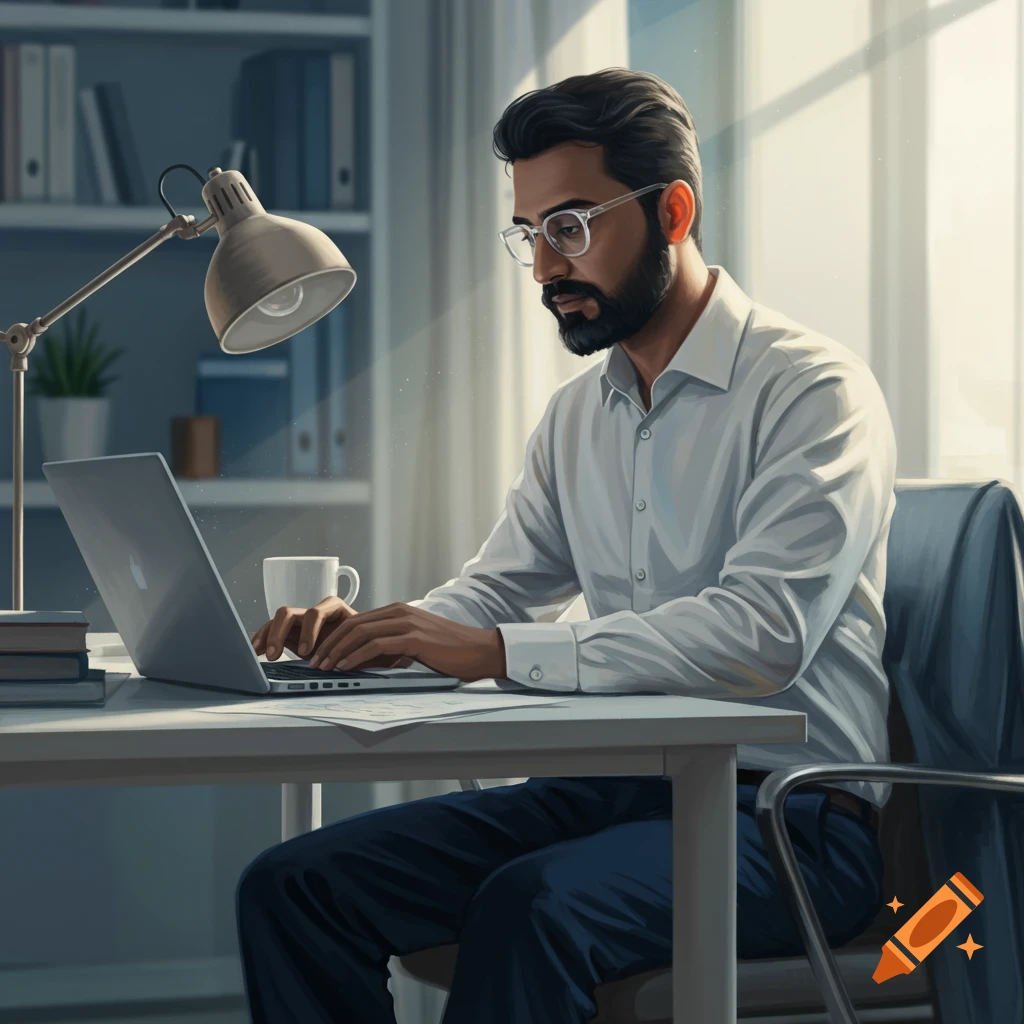 A man with glasses is working on a laptop in a sunny office.