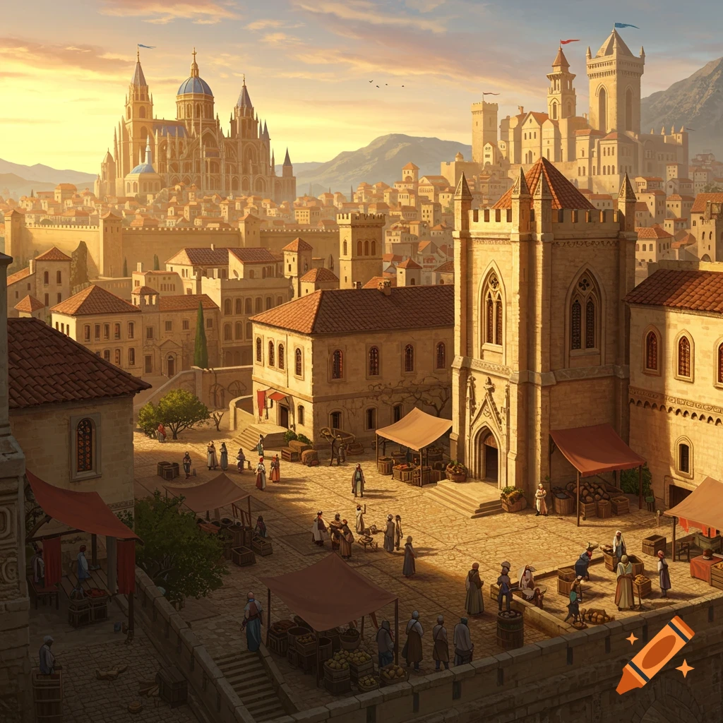A bustling medieval city market square with a large cathedral and castle in the background at sunset.