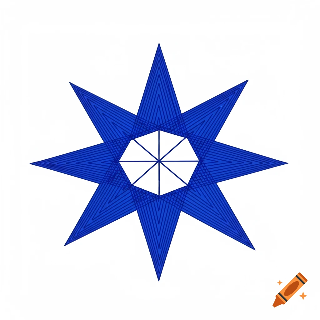 A blue 9-pointed star shape with layered lines on a white background.