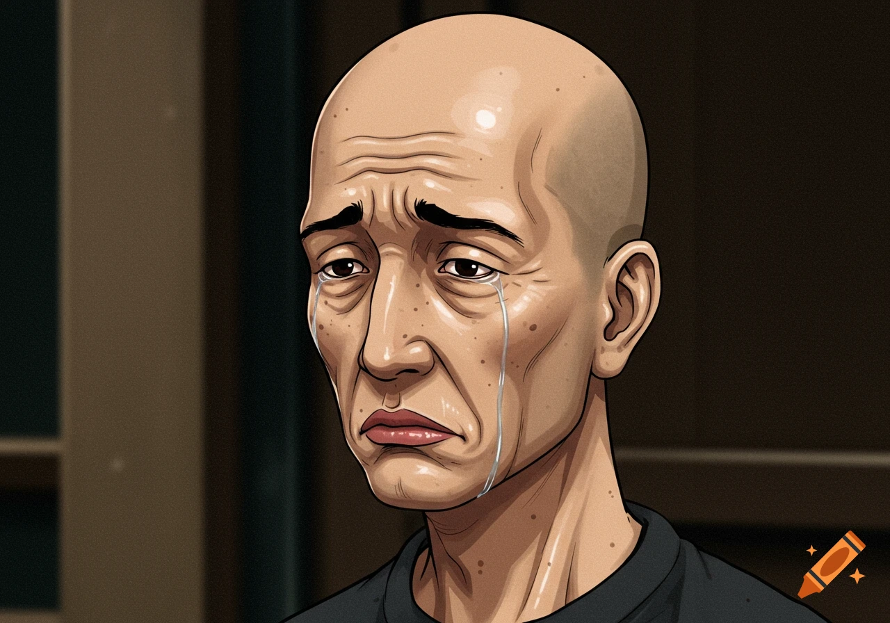 A stylized cartoon illustration of a bald man with tears running down his face.