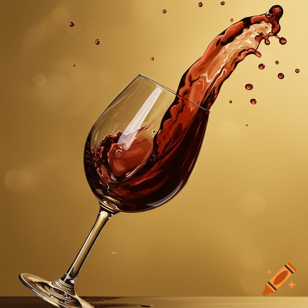 Red wine splashes dynamically out of a tilted wine glass.