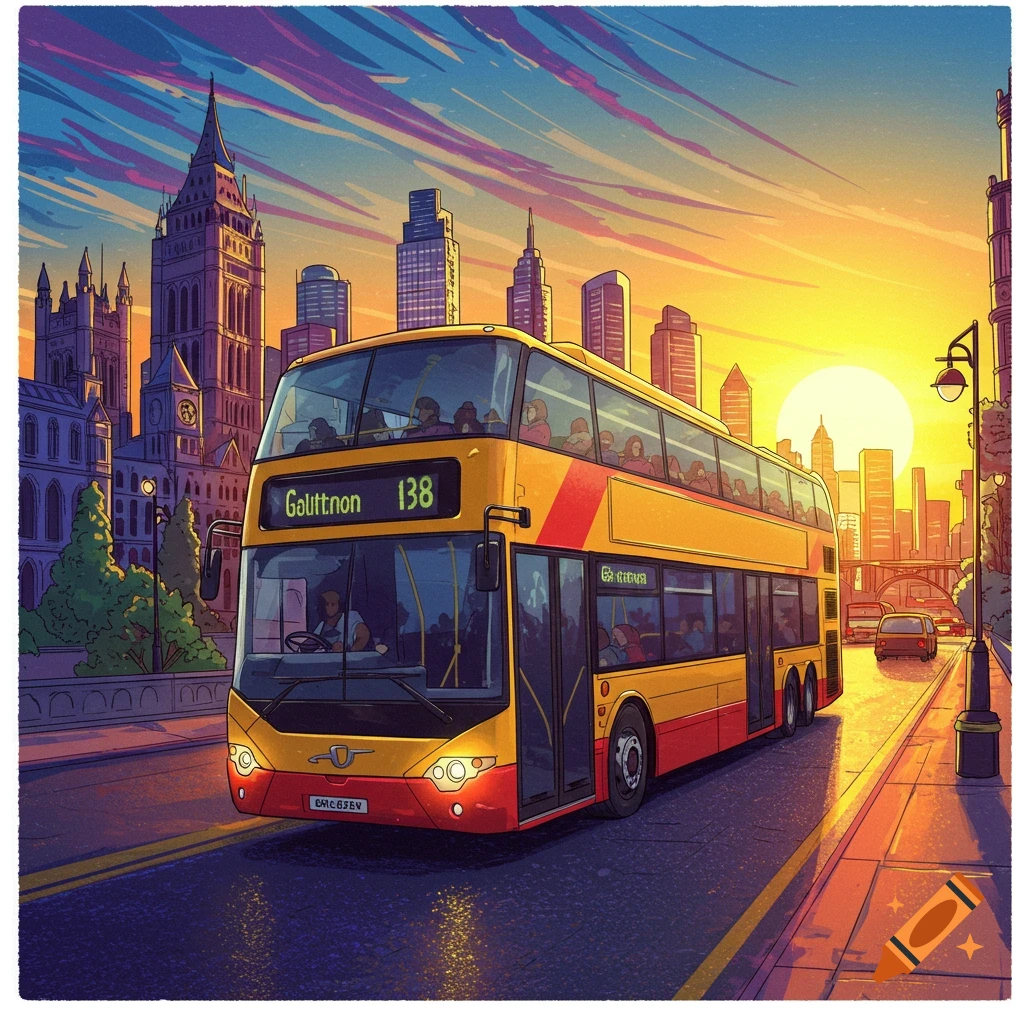 A stylized red and yellow double-decker bus driving through a city street at sunset.
