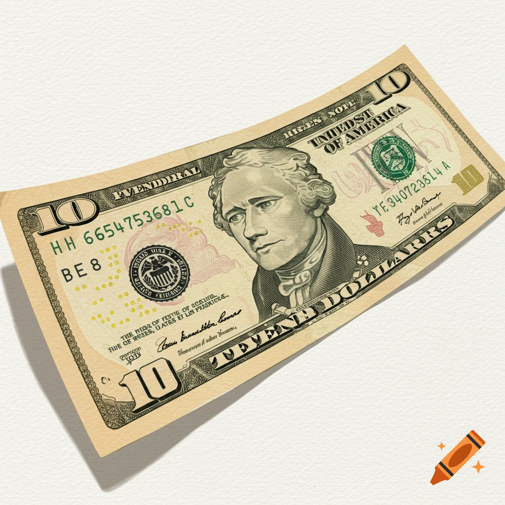 A close-up view of a US 10 dollar bill on a white background.