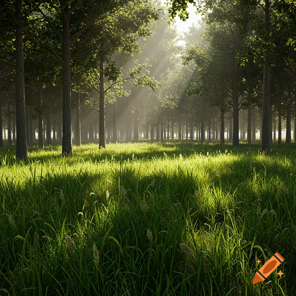 Sunlight streams through trees onto tall grass in a forest.
